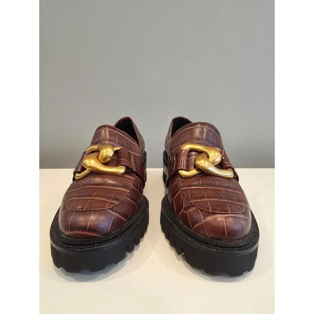 Aerosoles Lilia Brown Croc Embossed Leather Lug Sole Chain Loafers Womens 8